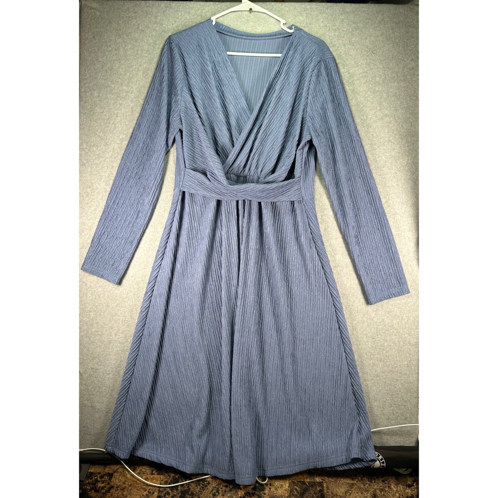 Dusty Blue Textured Crinkle V-Neck Knot Waist Long Sleeve Midi Dress XL